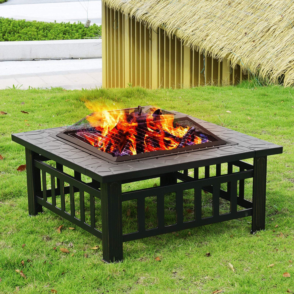 32'' Outdoor Fire Pit Metal Square Firepit Patio Stove Wood Burning for Backyard Garden Camping Picnic Bonfire with