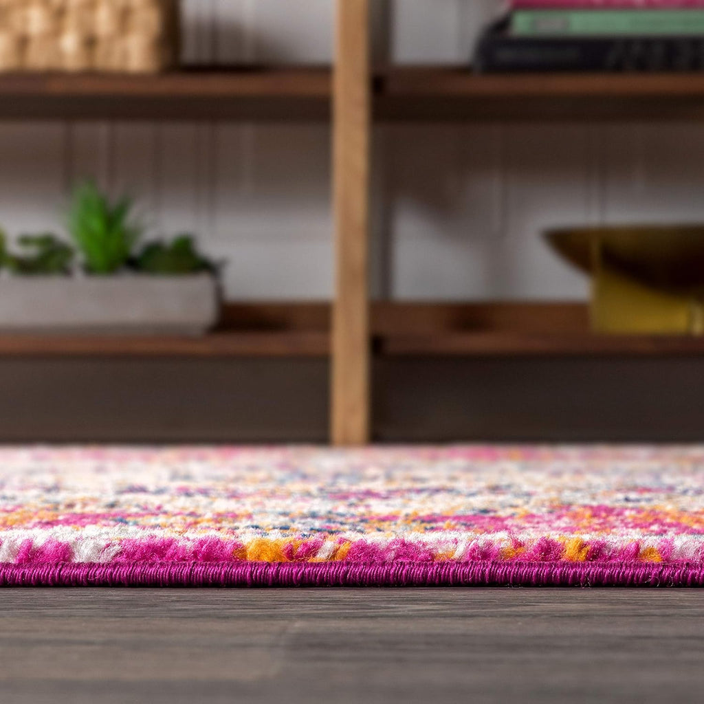 Boho Vintage Pink/Cream Indoor Area Rug, Bohemian Flair Medallion, Chic, Floral, High Traffic, Pet Friendly