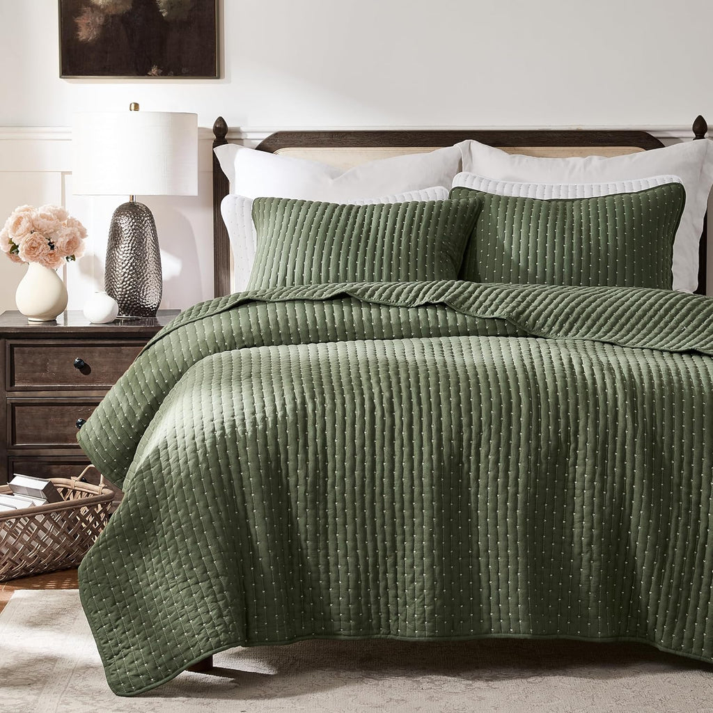 Olive Green Cross Stitch Queen Quilt Set, Striped Lightweight Soft Bedspread, Channel Farmhouse Rustic Coverlet, All