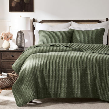 Olive Green Cross Stitch Queen Quilt Set, Striped Lightweight Soft Bedspread, Channel Farmhouse Rustic Coverlet, All