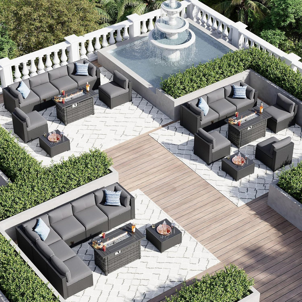 8 Piece Patio Furniture Set with 44" Fire Pit Table, Wicker Rattan Patio Sectional Sofa, Outdoor Furniture Set with
