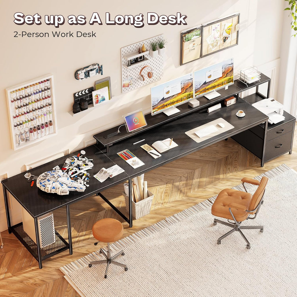 66" L Shaped Gaming Desk with LED Lights & Power Outlets | Computer Desk with Fabric Drawers and Print Stand, Corner