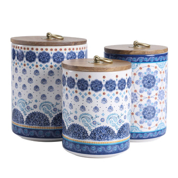 Blue Talavera Ceramic Canister Set of 3 Counter, 62oz, 40oz, 32oz each, with Wooden Air Tight Lid, Food Storage Jar