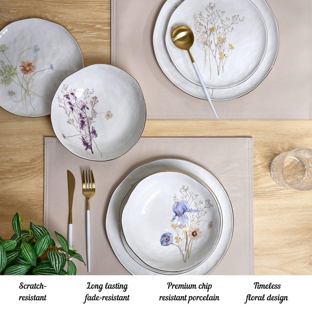 Luxury Porcelain Dinnerware Set for 4- Glossy White Plates and Bowls Sets with Wildflower Patterns and Gold
