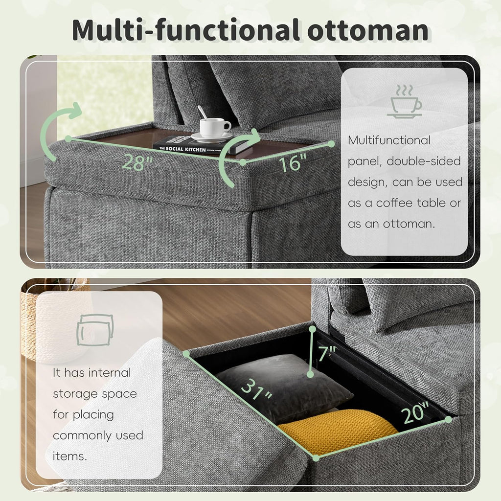107'' L Shape Modular Sectional Pull-Out Sofa with Wide Seats & Movement Storage Ottoman & USB & Adjustable Armrests
