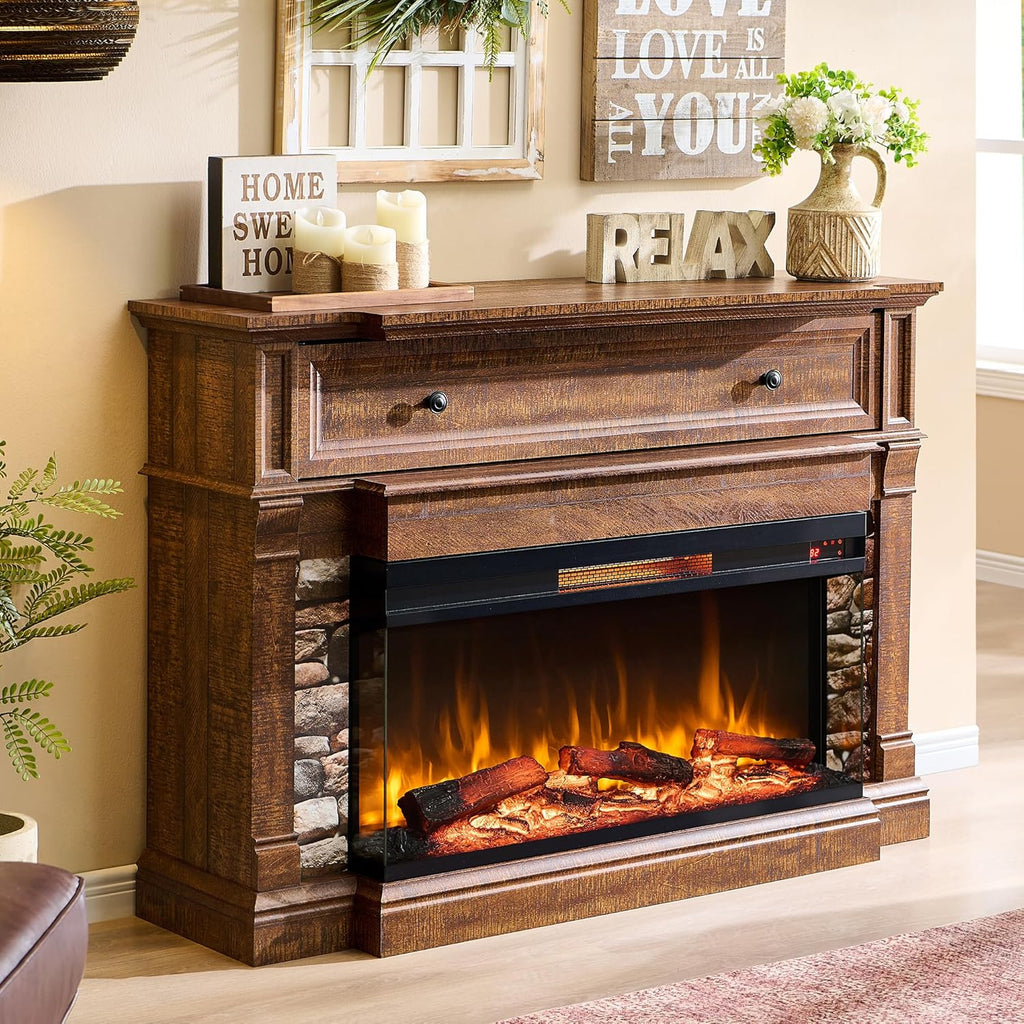 OKD 52" Electric Fireplace with Mantel, Freestanding Fireplace Heater TV Stand with 36" 3-Side Glass Insert for TVs Up