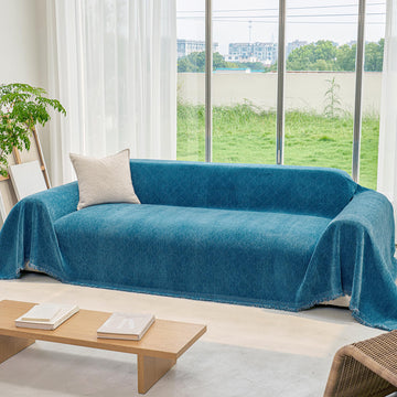 Boho Couch Cover Chenille for 2 Cushion Loveseat, Washable Blue Sofa Couch L-Shape Cover Protector Soft Sofa