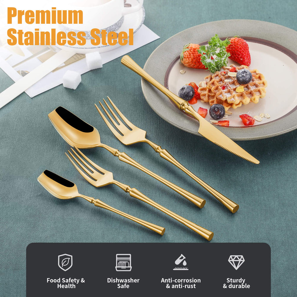 20-Piece Gold Silverware Set for 4, Modern 18/10 Stainless Steel Flatware Set, Unique Rustic Cutlery Utensils Set, Spoon