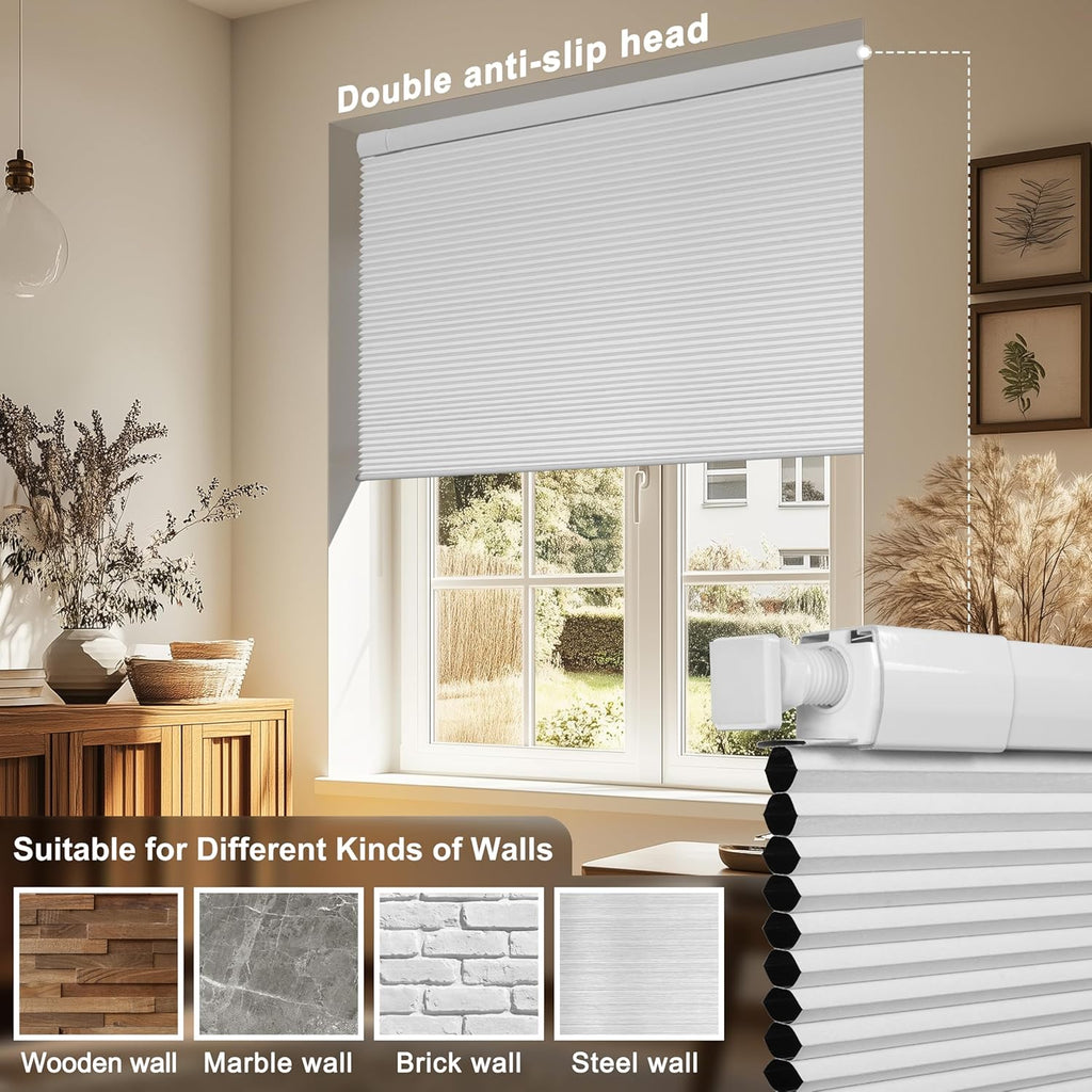 No Drill Blackout Cellular Shades,White,47" W x 36" H | No Tools Honeycomb Blinds for Indoor Windows.Easy to