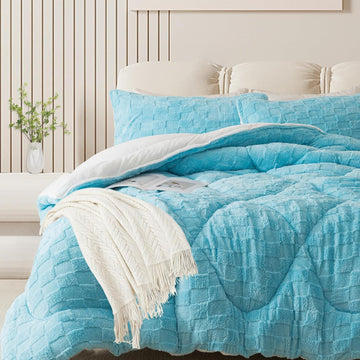 Fluffy Comforter Set King, Light Blue Winter Fleece Comforter Ultra Soft & Extra Pluffy Plush Comforter Set