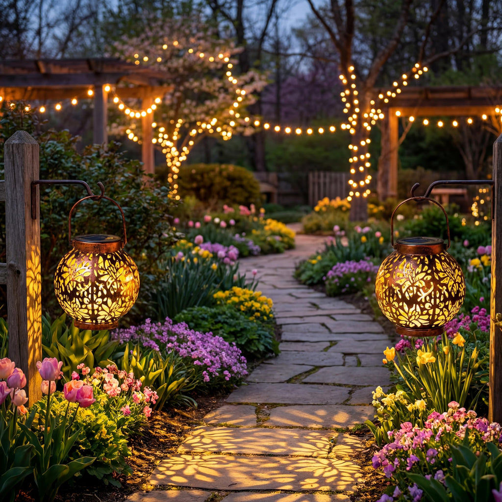 2 Pack Outdoor Solar Hanging Lantern Lights, Waterproof Tabletop with Handle, LED Moroccan Lanterns, Metal Decorative