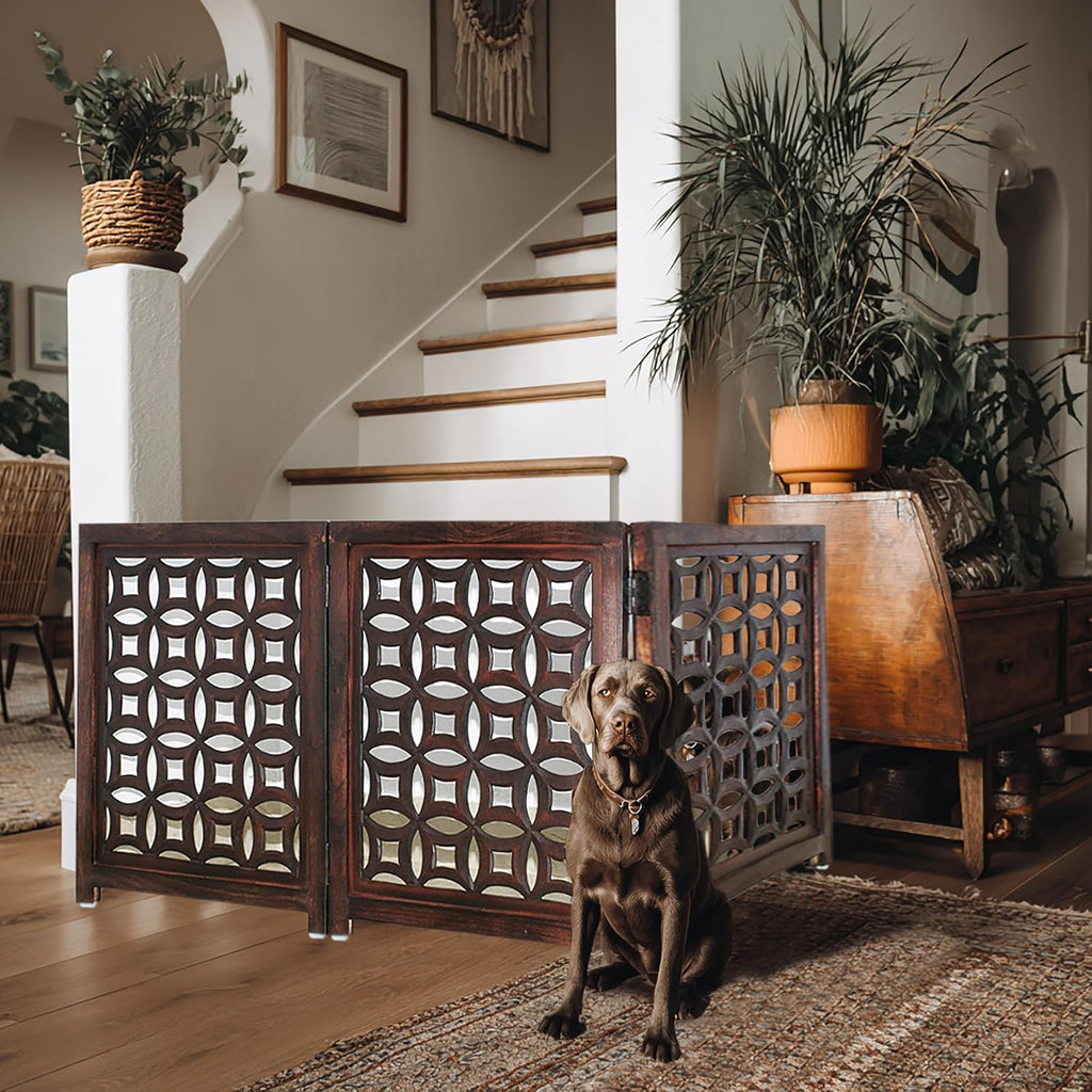 Wooden Foldable Pet Dog Gate - Hand Carved 3-Panel 60 W x 24 H