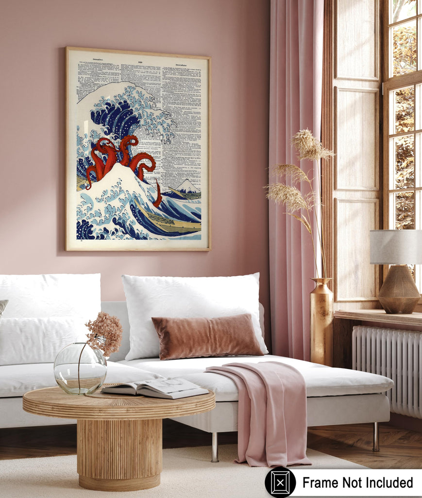 Tentacles and Great Wave Off Kanagawa Print - Dictionary Poster - Octopus Art - Gift for Men, Women - Nautical Decor
