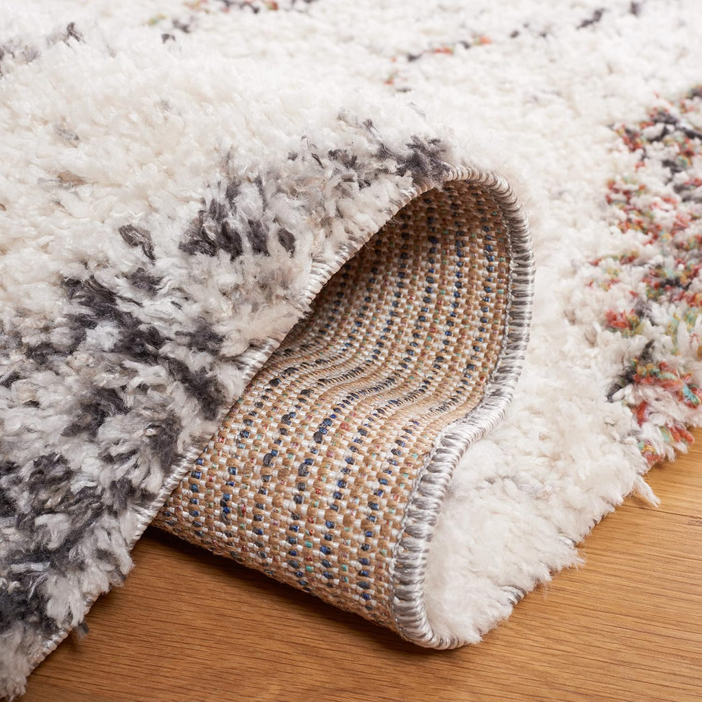 Jericho Shag Collection Area Rug - 6'7" Square, Ivory & Black, Moroccan Boho Design, Non-Shedding & Easy Care