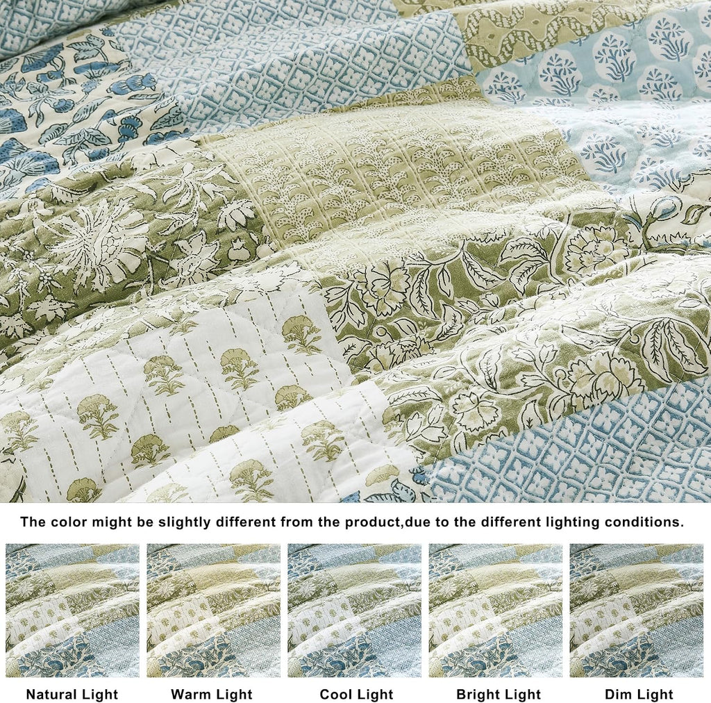 100% Cotton Reversible Patchwork Quilt Queen, Lightweight Farmhouse Vintage Shabby Chic Bedding Set with 2 Pillow
