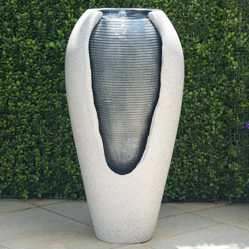 29" Tall Two Tone Ribbed Jar Floor Fountain with LED Lights - Elegant Water Feature, Easy Setup with Pump & Plug-in
