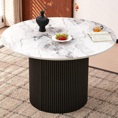 Modern Round Pedestal Dining Table for 4-6, 47" Kitchen Table with White Marble Grain Tabletop Engineered Wood Base