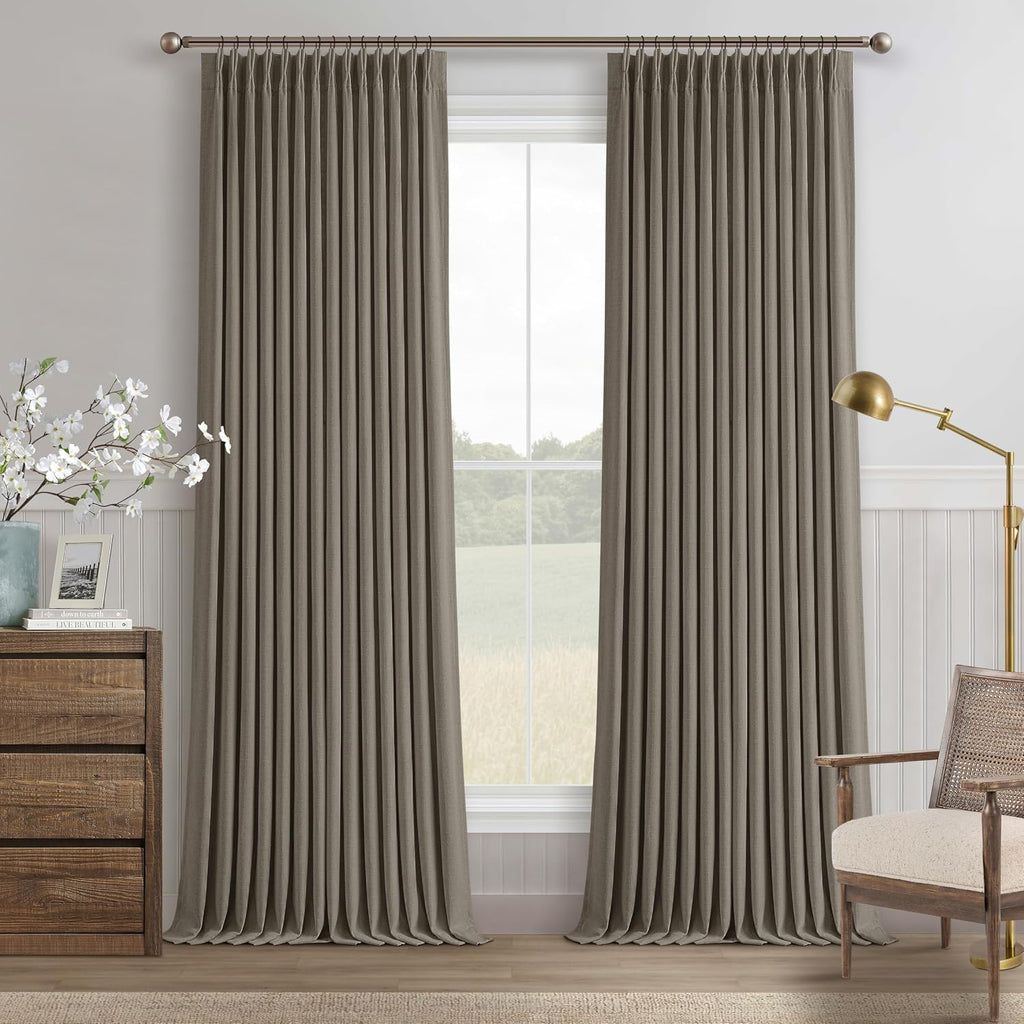 Dark Taupe 96 Inch Blackout Pinch Pleated Curtains 2 Panel Set for Living Room Darkening Thick Linen Textured 100%