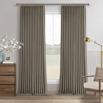 Dark Taupe 96 Inch Blackout Pinch Pleated Curtains 2 Panel Set for Living Room Darkening Thick Linen Textured 100%