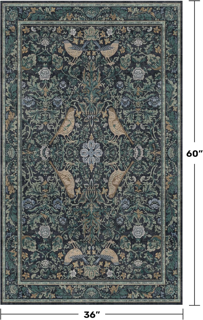 Vintage Large Entryway Rugs Indoor, 3x5 Washable Blue and Green Floral Rugs