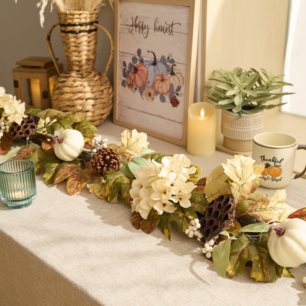 DecorbyHannah 6ft Fall Garland for Mantle with Lights &Pumpkin Maple Leaves