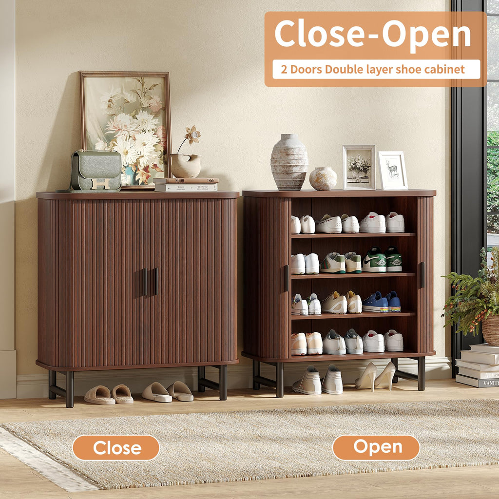 Shoe Storage Cabinet with Smooth Fluted Sliding Doors, 4-Tier Shoe Cabinet Storage, Narrow Hidden Shoe Rack for