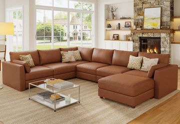 Faux Leather Modular Sectional Sofa Wide V Shaped Couches Brown