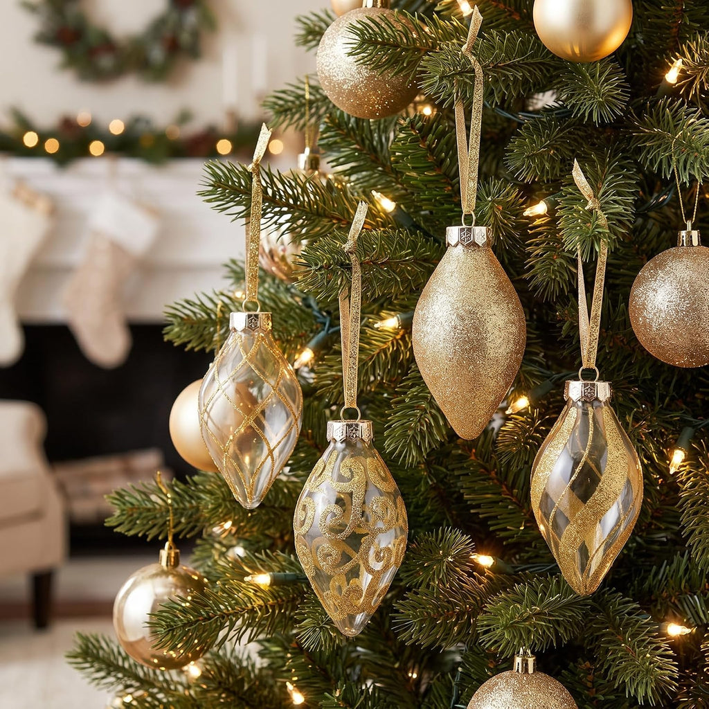Gold Christmas Ornaments Set for Tree Decorations, Teardrop Finial