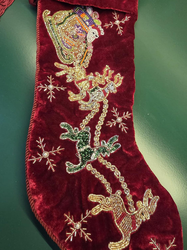 Handmade Red Velvet Christmas Stocking 21"x7" - Beaded Santa & Reindeer Design Luxury Embroidered Holiday Stocking