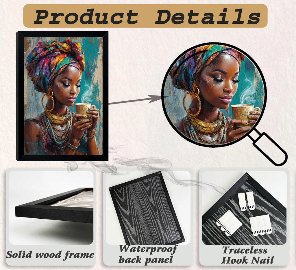Framed Black Woman Canvas Wall Art, African American Wall Decor, Fashion Modern Abstract Painting Picture, Coffee