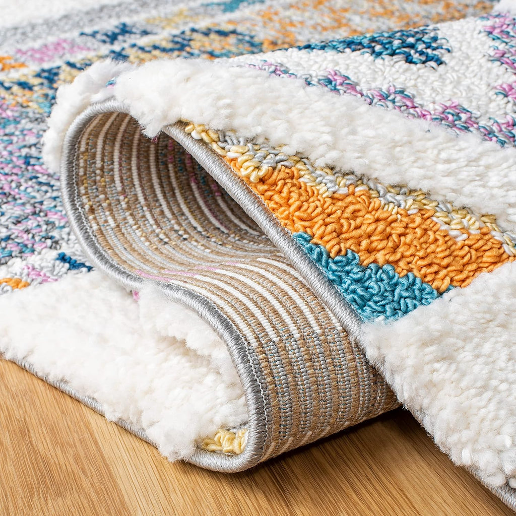 Moroccan Fringe Shag Collection Runner Rug - 2'2" x 8', Ivory & Navy, Boho Design, Non-Shedding & Easy Care, 1.2-inch