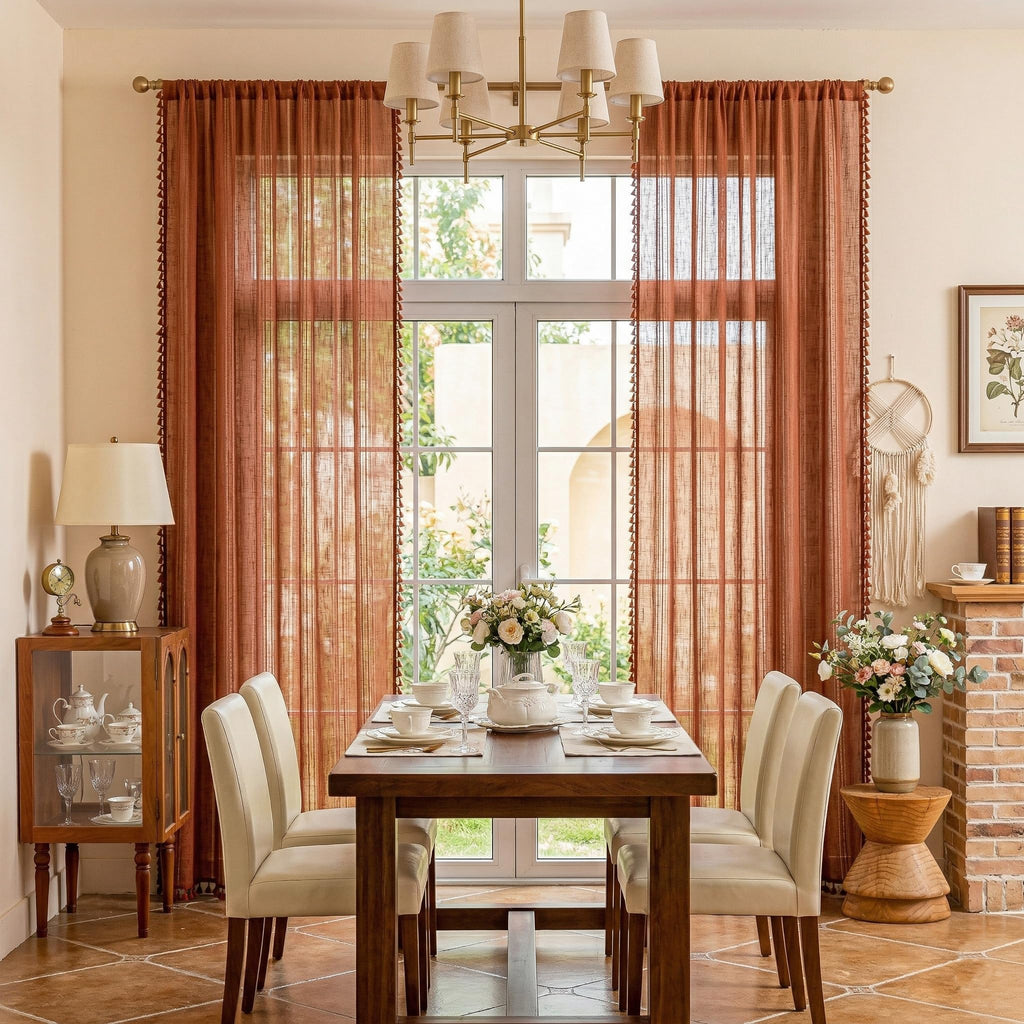 Bohemian Farmhouse Ceiling Curtains with Macrame, Semi Sheers Light Filtering Privacy Protect Hollowed-Out Window