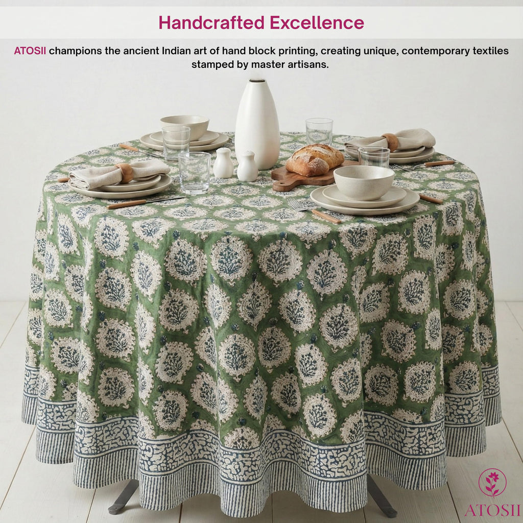 Cotton Blockprint Round Tablecloth, Kari Green, 90 Inches
