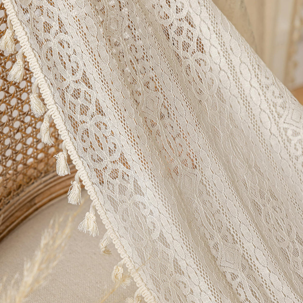 Beige Sheer Living Room Curtains, 72 Inch Long, 2 Panel, Rod Pocket, Vintage, French Country, Privacy, Boho Cotton