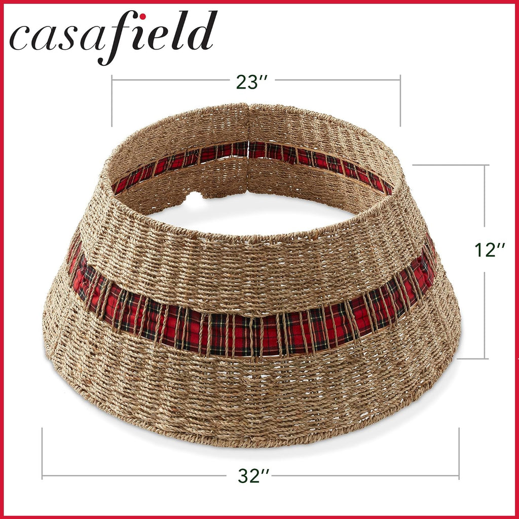 32-Inch Christmas Tree Collar, Seagrass Woven Farmhouse Tree Base Cover with Cord Cut Out, Natural