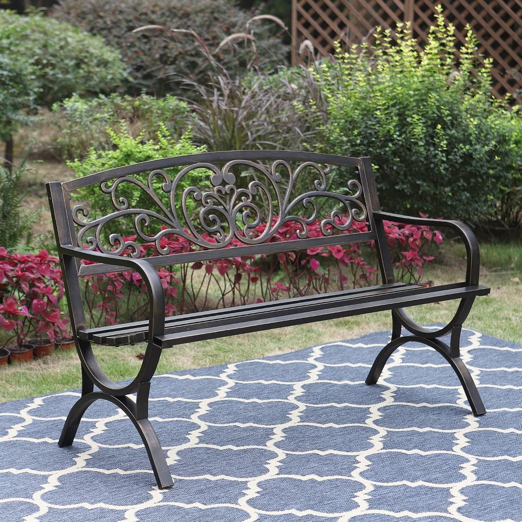 Metal Outdoor Bench Classic Floral Pattern, 50" Bronze | Cast Iron Metal Garden Benches for Outdoors, Front Porch