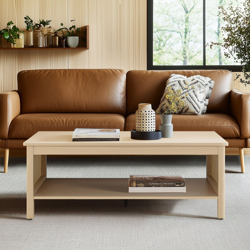 Handcrafted Rattan Decorative Coffee Table, Modern Farmhouse Style Center Table with Storage Shelf, Easy Assembly