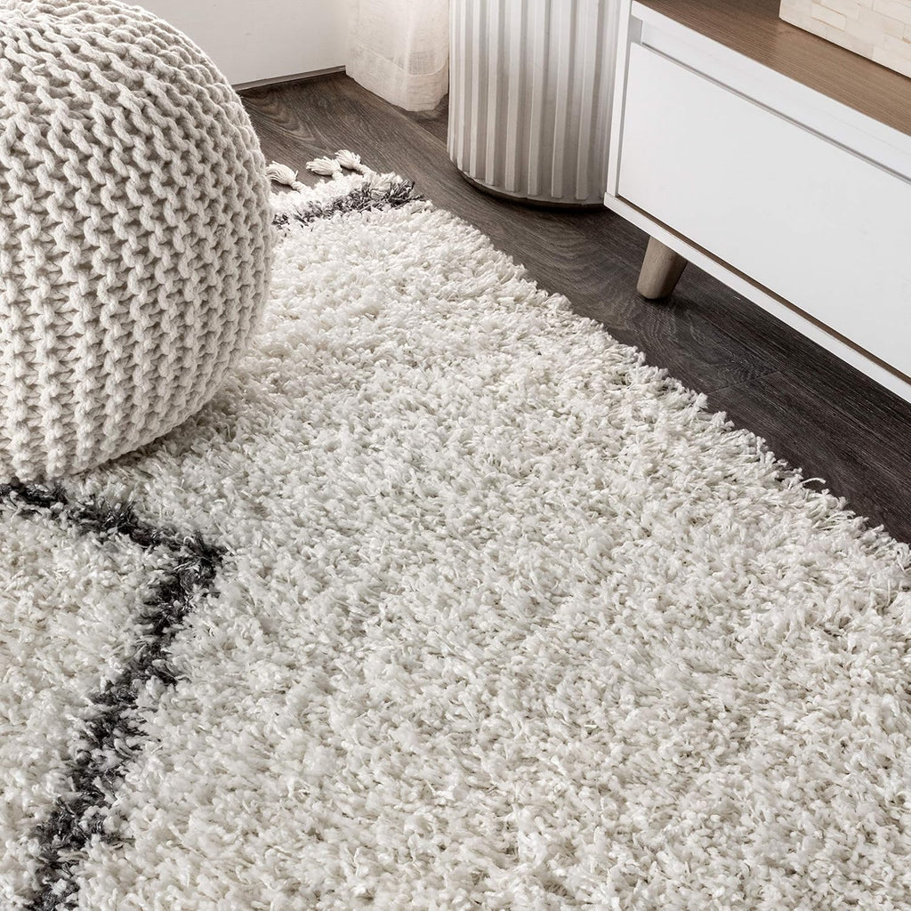 Mercer Shag Plush Tassel Cream/Gray Indoor Area Rug, Moroccan Geometric Trellis, Bohemian, Easy-Cleaning, Pet