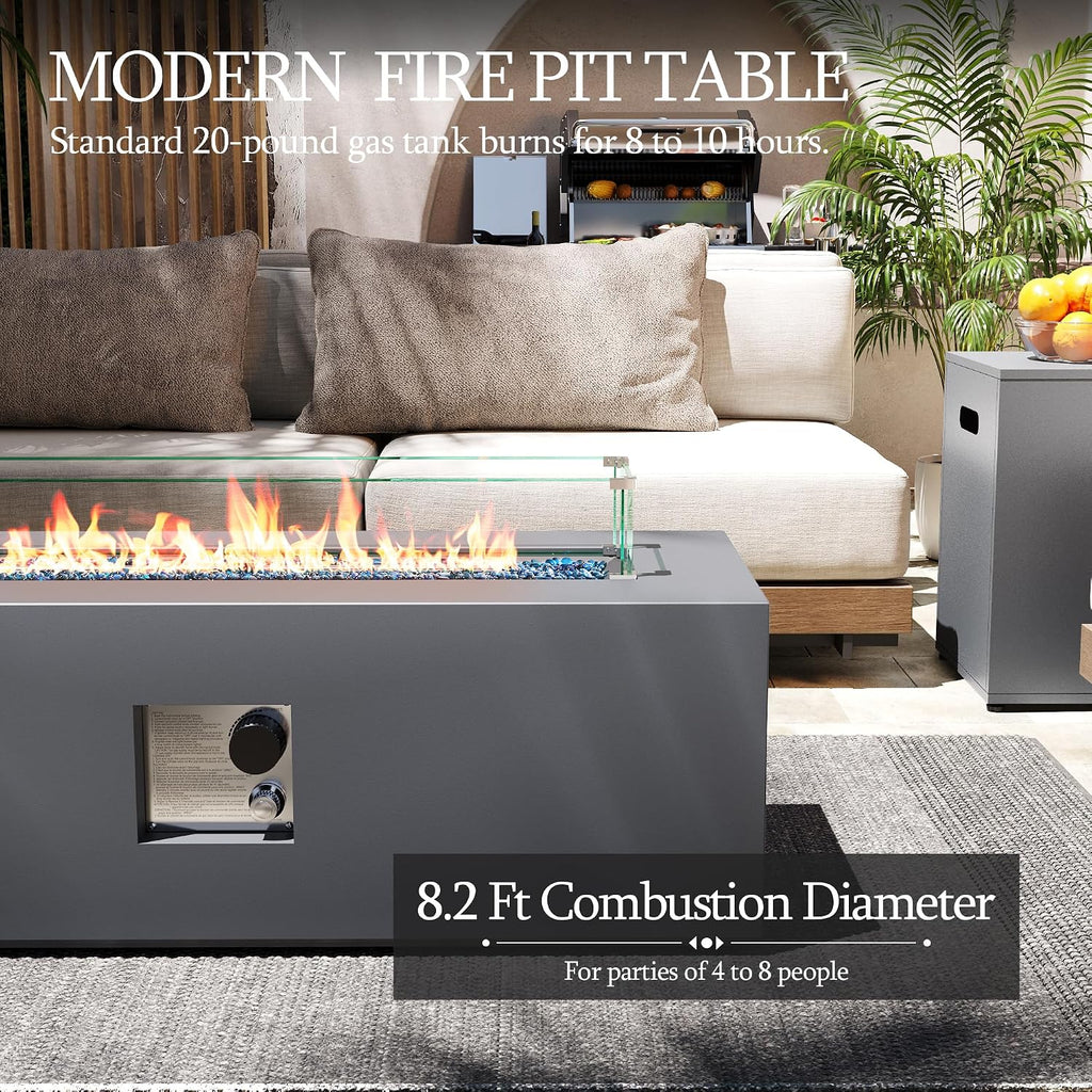 42-inch Outdoor Propane Gas Fire Pit Table, Grey | 50000 BTU Iron Rectangle Firepit with Tank Hidden Table, Wind