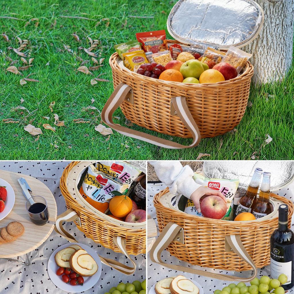 Wicker Picnic Baskets Set for 4 with Wine Table for Family, Beige