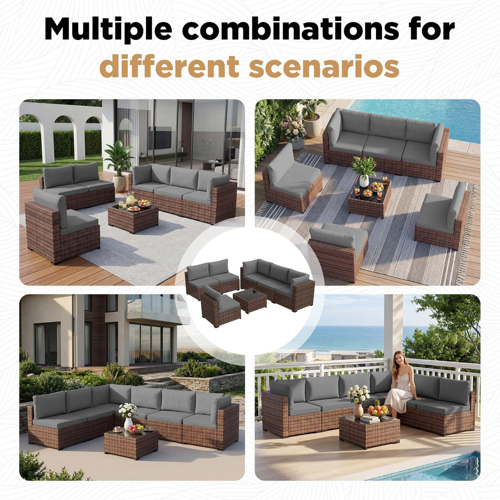 7 Pieces Outdoor Wicker Rattan Patio Furniture, Outdoor Sectional Set Patio Sofa with Coffee Table & Grey Cushions
