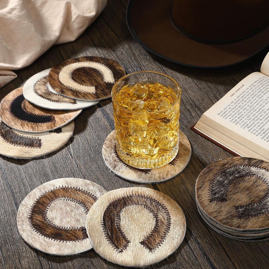 Cowhide Coasters - 4.3" Round Natural Leather Western Drink Coasters Assorted Horseshoe Print for Tea Cup - Set of 12