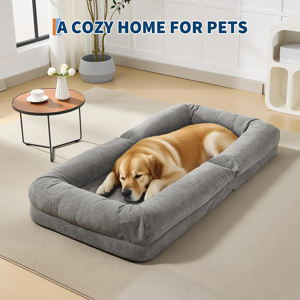 Oversized Adjustable Human Dog Bed for Adults & Pets - Chenille Upholstered Collapsible Floor Sofa with 2 Soft