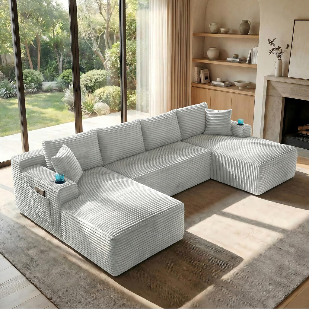125" Oversized Cloud Boneless Couch with Chaise, Modern Modular Sofa with Deep Seat, Corduroy Upholstered U Shaped