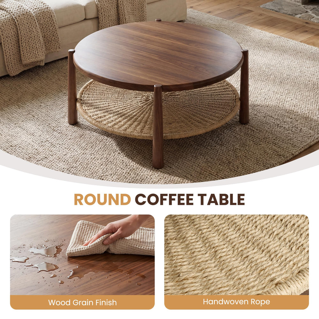 Round Coffee Table with Woven Storage Shelf, Walnut Brown