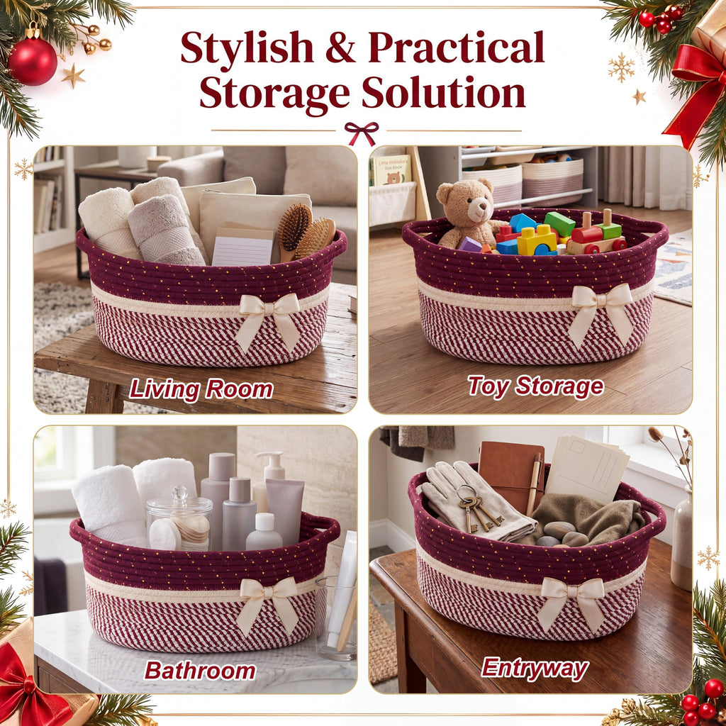 Woven Christmas Gift Basket Empty, Burgundy, White