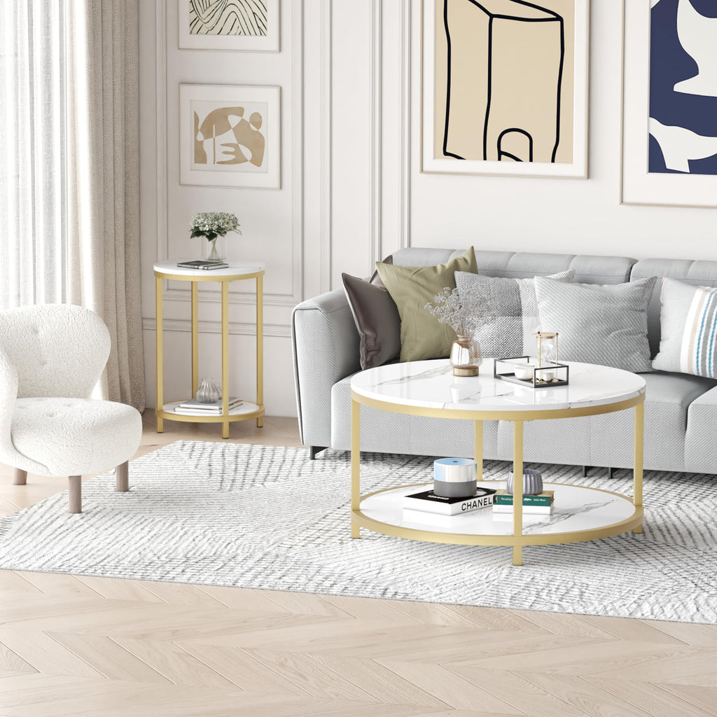 Round Side Table, Modern Nightstand End Table with Gold Metal Frame &Faux Marble Top, Accent Bedside Table Bedroom