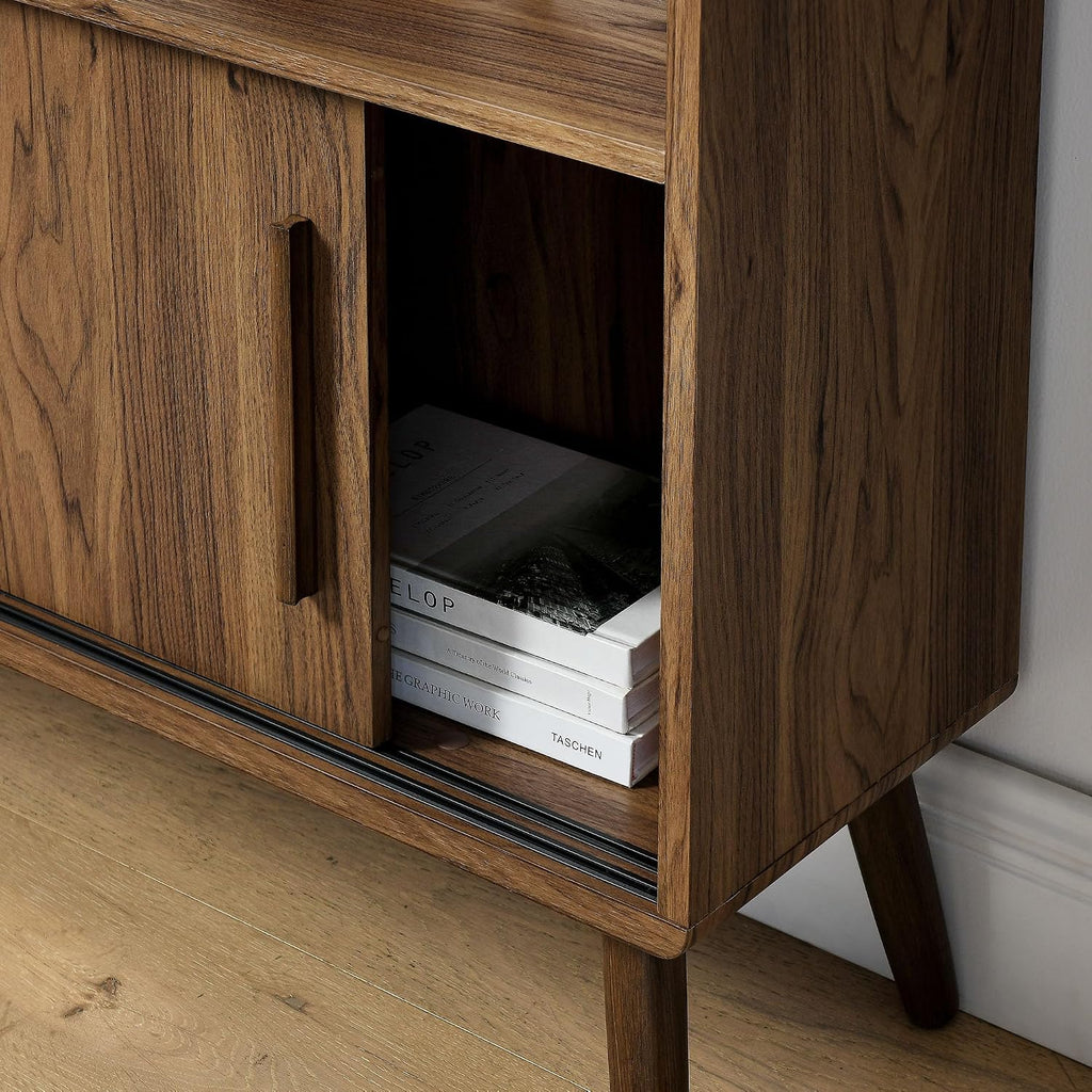 Transmit 8 Shelf Bookcase with Sliding Doors in Walnut - 45 Inch Wood Mid-Century Modern Bookshelf - 4 Tier Tall Open