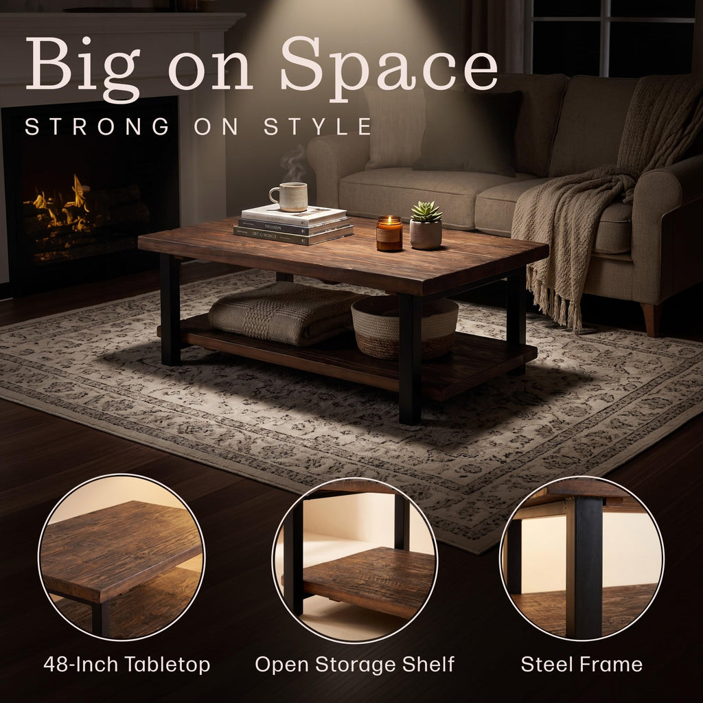 Pomona Solid Wood Coffee Table, Rustic Brown, 48"