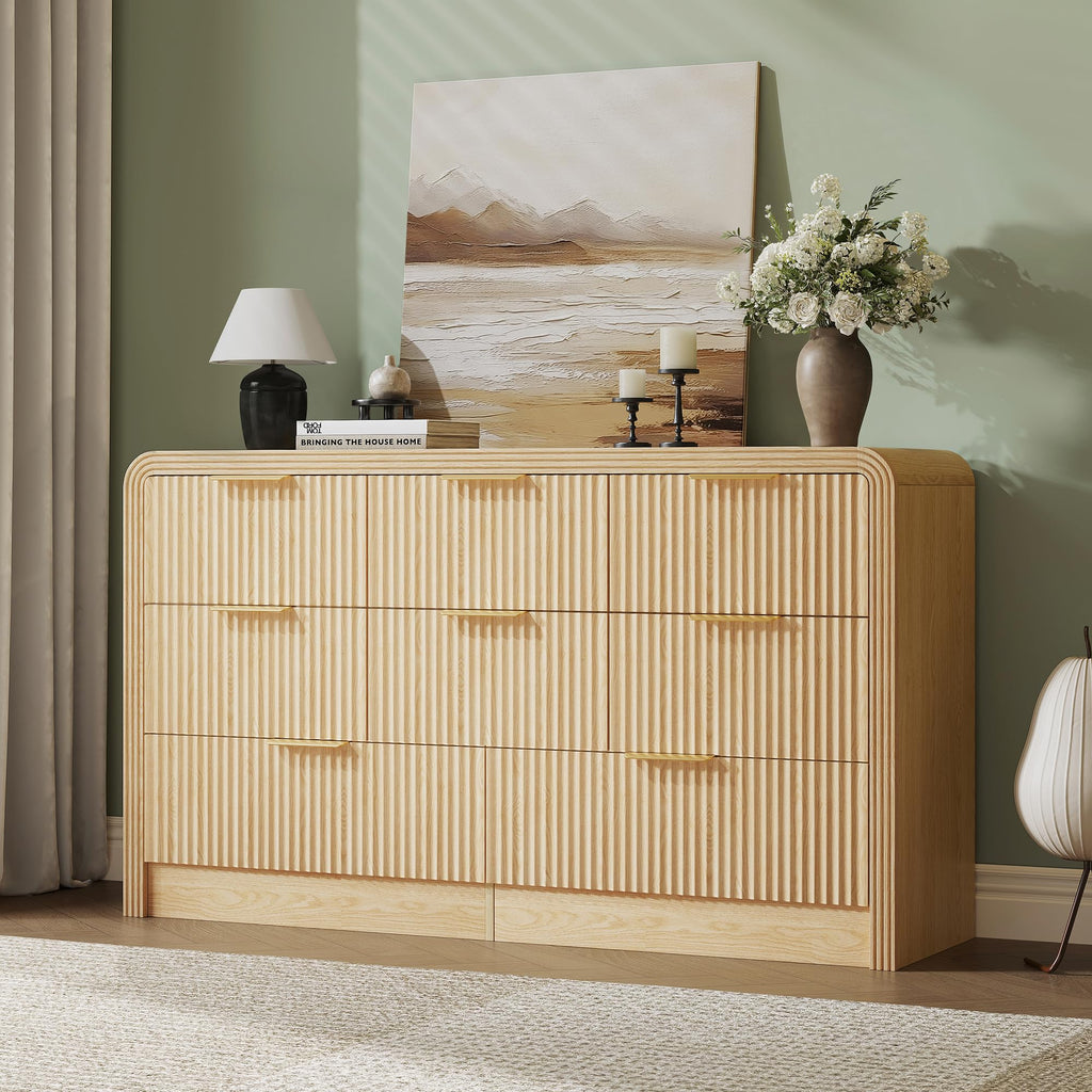 55" W Fluted 8-Drawer Dresser, Natural Oak